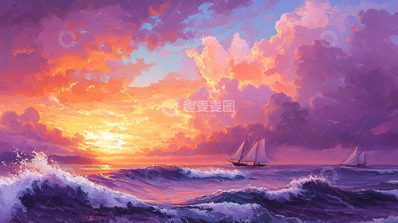 高清大图下载【趣麦麦图】粉色日落海景帆船