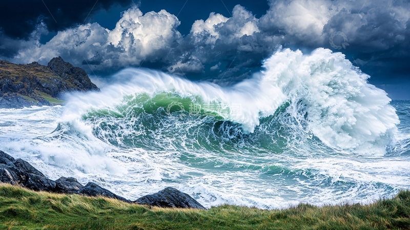 高清大图下载【趣麦麦图】狂风巨浪下的海岸景色