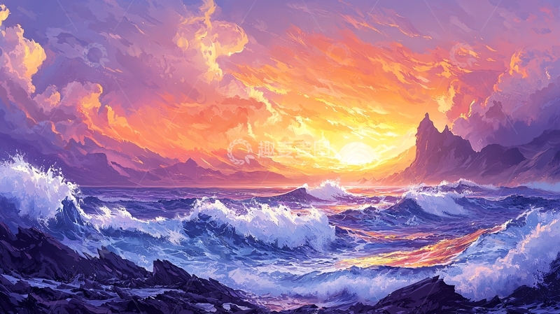 高清大图下载【趣麦麦图】海浪日出天空梦幻场景
