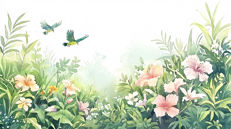 高清大图下载【趣麦麦图】热带花卉绿植鸟类水彩背景