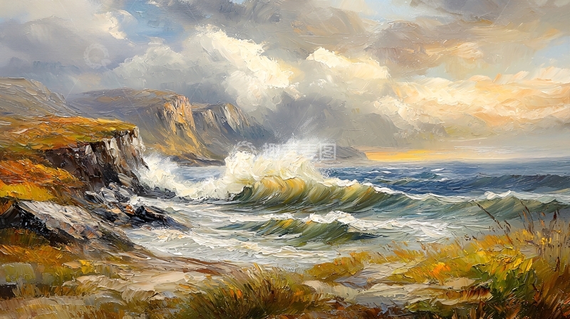 高清大图下载【趣麦麦图】海边巨浪拍打岩石的油画