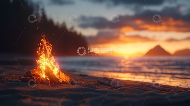 高清大图下载【趣麦麦图】海滩篝火日落美景