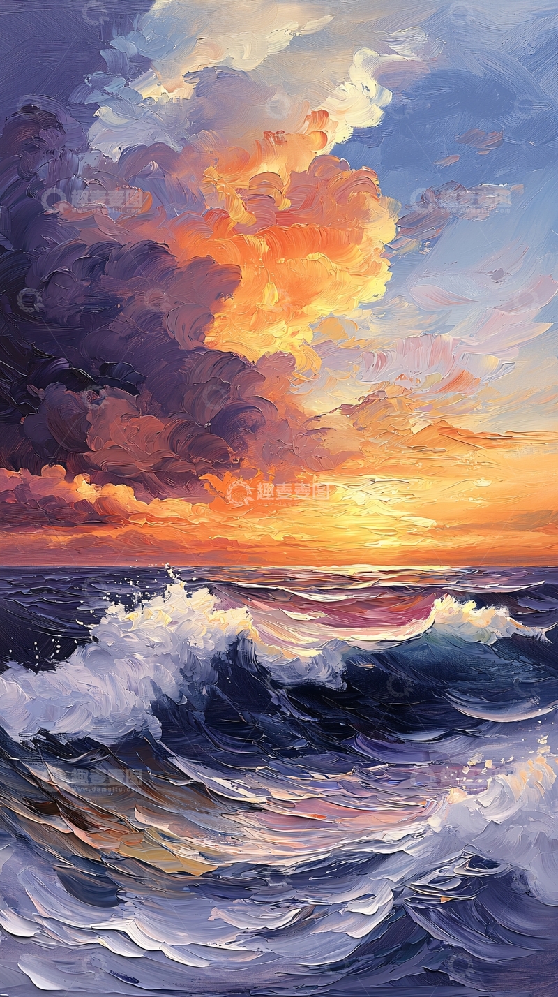 高清大图下载【趣麦麦图】波涛汹涌的日落海景