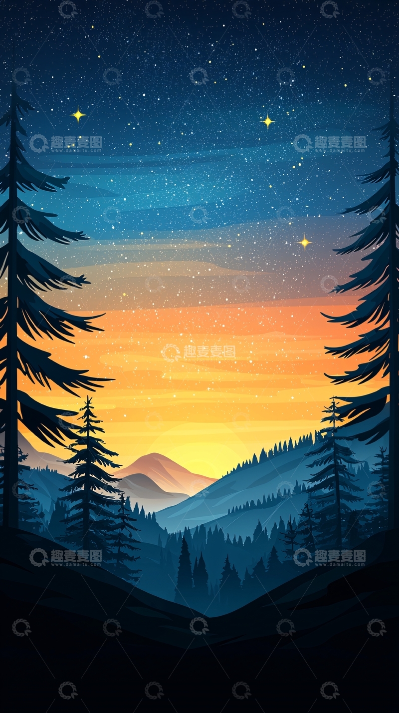 高清大图下载【趣麦麦图】夜空下的森林山脉风景插画