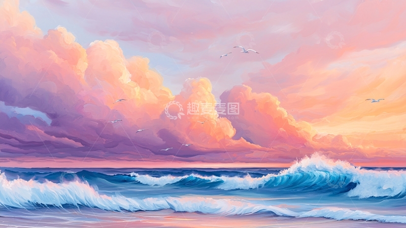 高清大图下载【趣麦麦图】粉色天空下的海浪