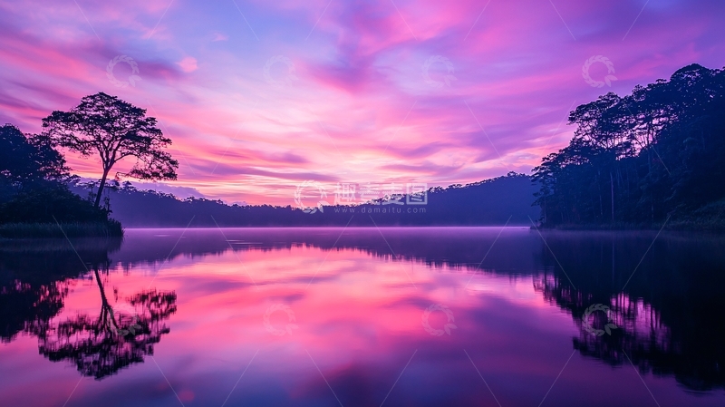 高清大图下载【趣麦麦图】粉紫色的湖面日落景色