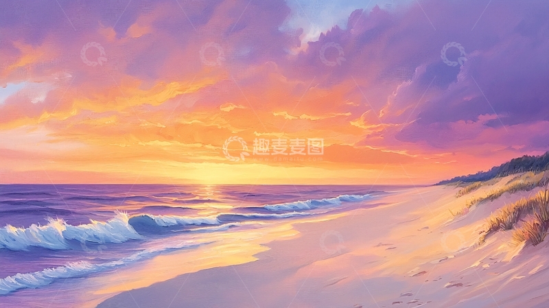 高清大图下载【趣麦麦图】紫霞海滩日落美景