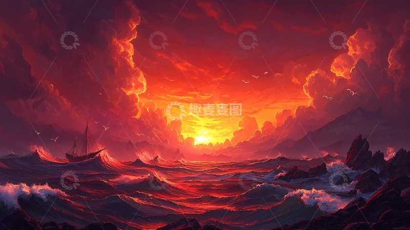高清大图下载【趣麦麦图】火红天空下的波涛海面
