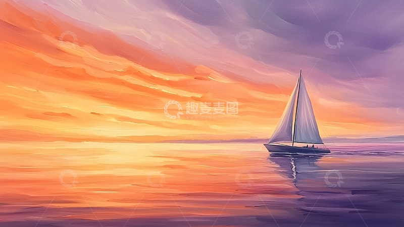 高清大图下载【趣麦麦图】夕阳下平静海面的帆船