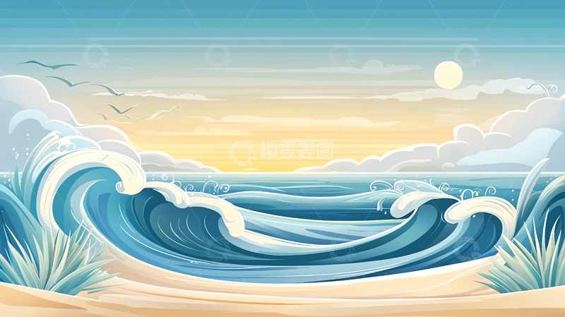 高清大图下载【趣麦麦图】海浪沙滩平静的卡通风景