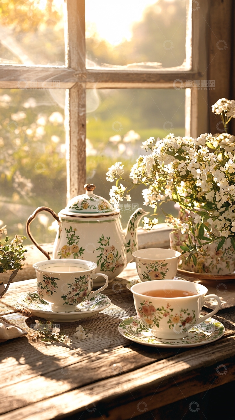 高清大图下载【趣麦麦图】窗边茶具与鲜花