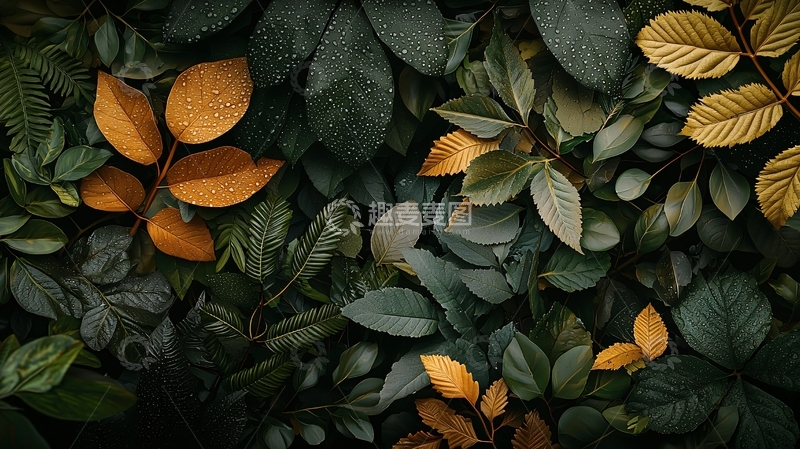 绿叶与金色叶子的特写