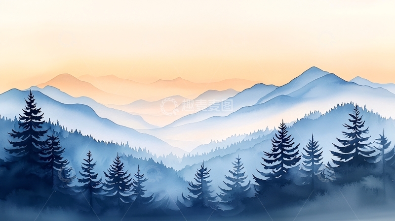 高清大图下载【趣麦麦图】水彩群山远景朦胧森林