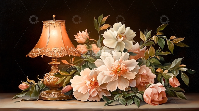 高清大图下载【趣麦麦图】温馨台灯与鲜花静物
