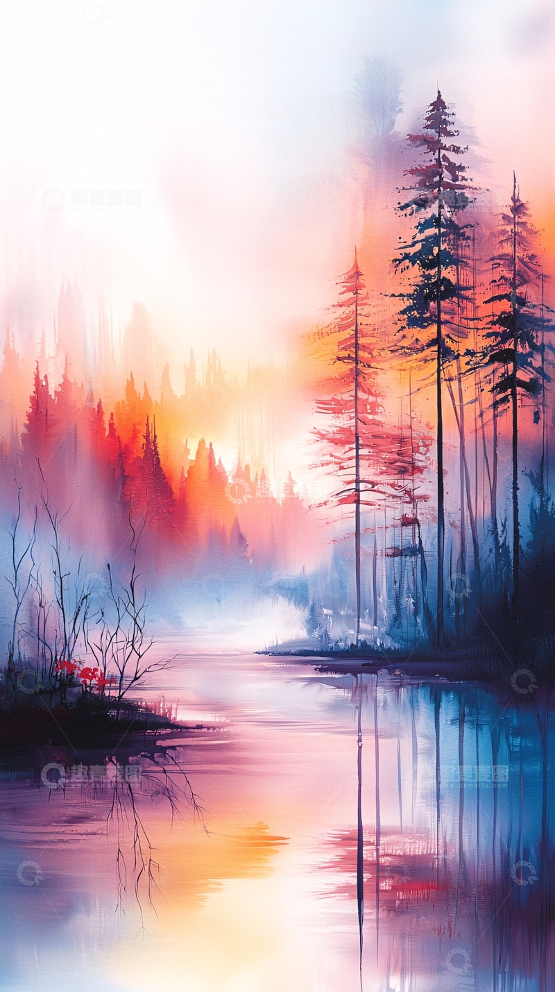 高清大图下载【趣麦麦图】水边森林的油画风景