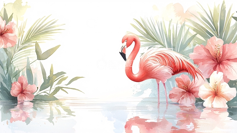 高清大图下载【趣麦麦图】粉色火烈鸟和热带花卉