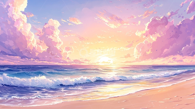 高清大图下载【趣麦麦图】粉色天空下的海滩