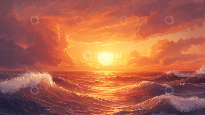 高清大图下载【趣麦麦图】波涛汹涌的海面日落