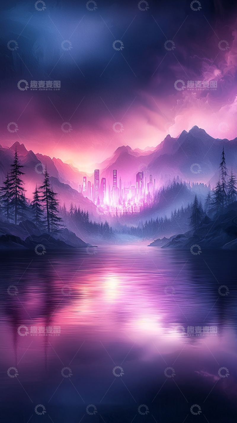 高清大图下载【趣麦麦图】紫粉色夜景城市倒影