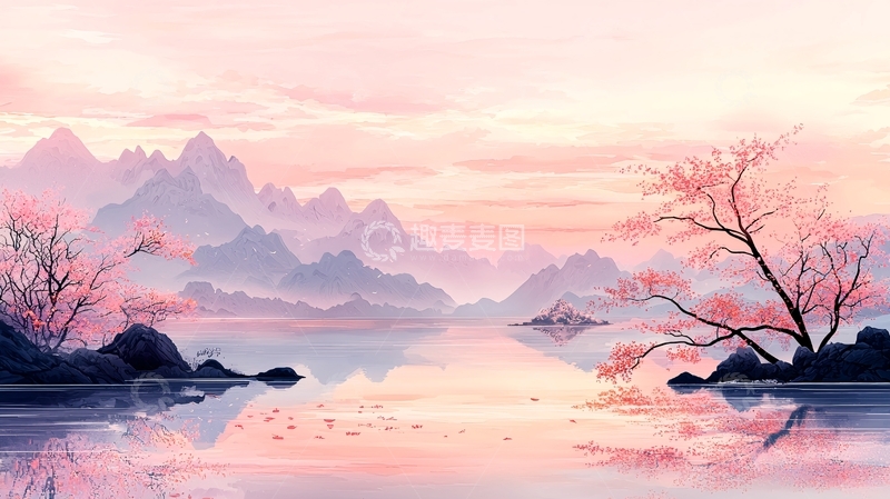 高清大图下载【趣麦麦图】粉色水墨山水
