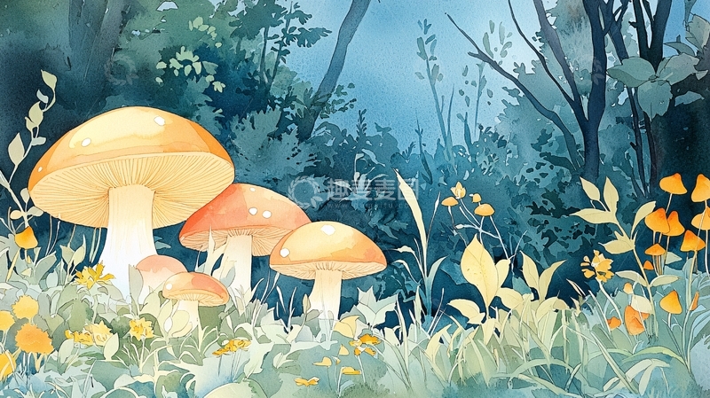 高清大图下载【趣麦麦图】水彩蘑菇森林