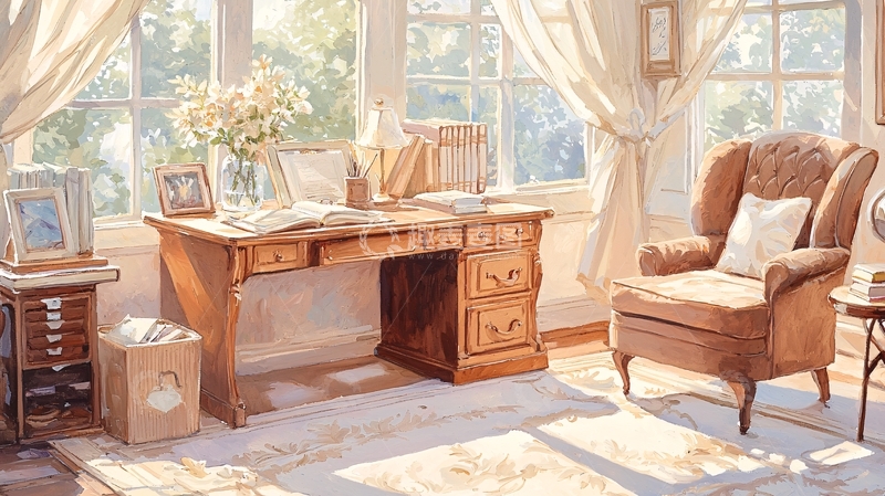 高清大图下载【趣麦麦图】明媚阳光下的书房