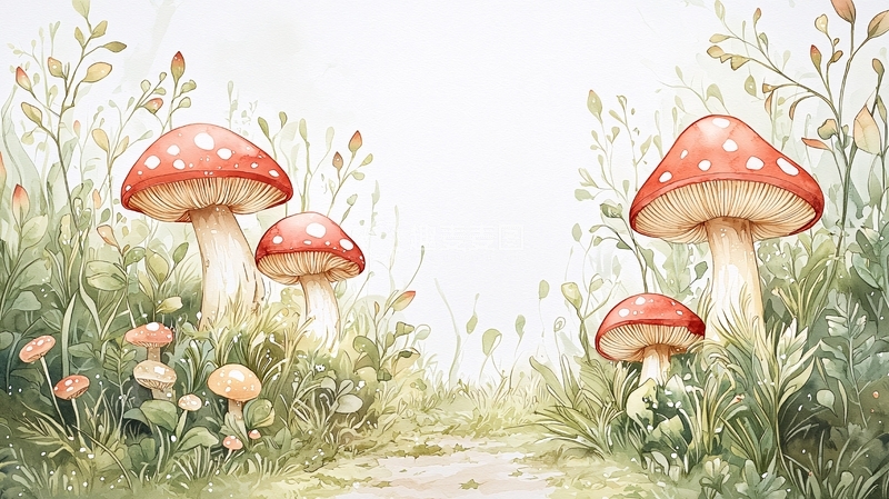 高清大图下载【趣麦麦图】水彩风蘑菇植物背景