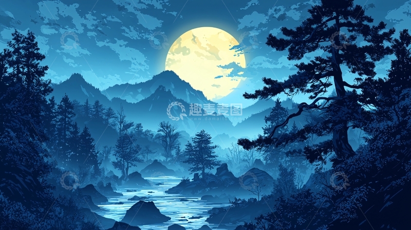 高清大图下载【趣麦麦图】月夜山林高清图片