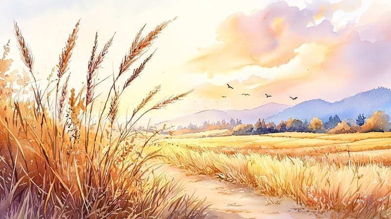 高清大图下载【趣麦麦图】金色麦田水彩画