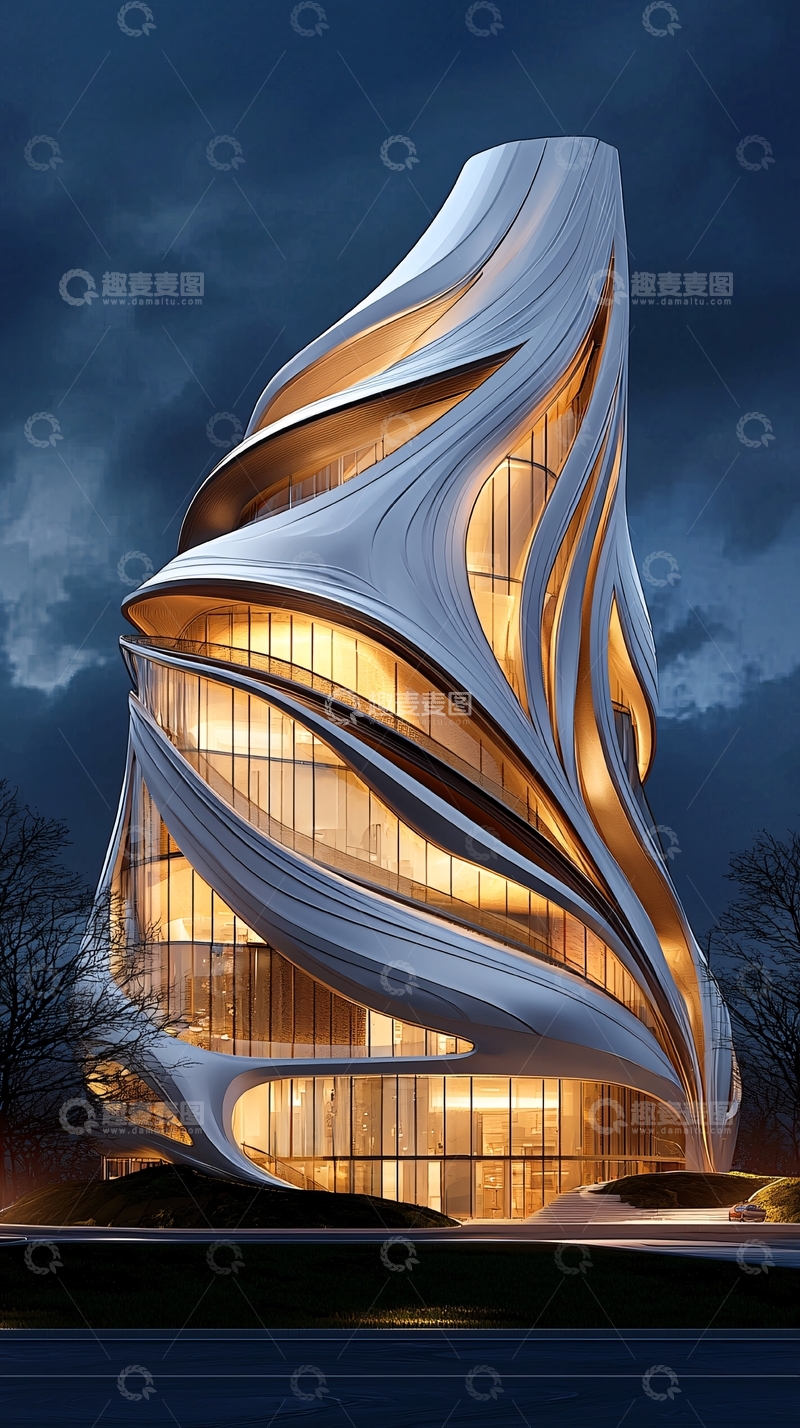高清大图下载【趣麦麦图】未来主义建筑外观夜景