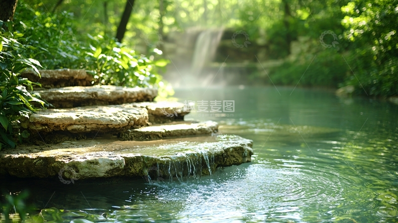 高清大图下载【趣麦麦图】森林小溪的石头台阶