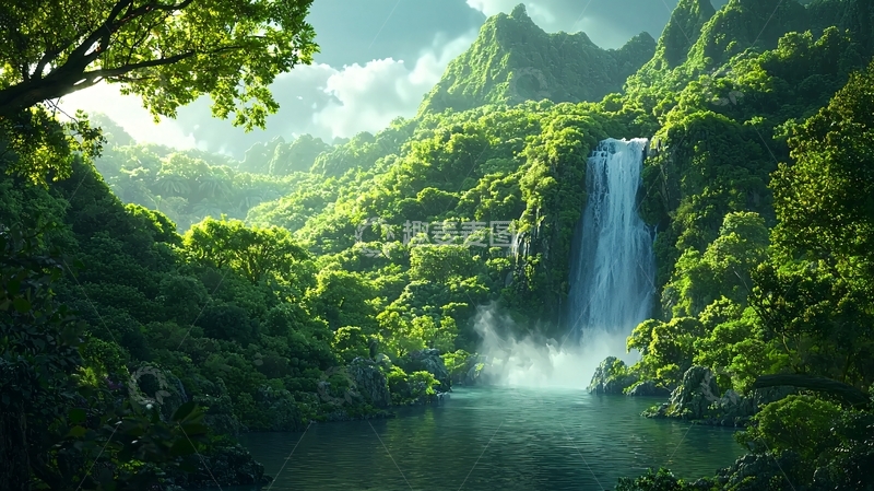 高清大图下载【趣麦麦图】葱郁山林间的瀑布美景