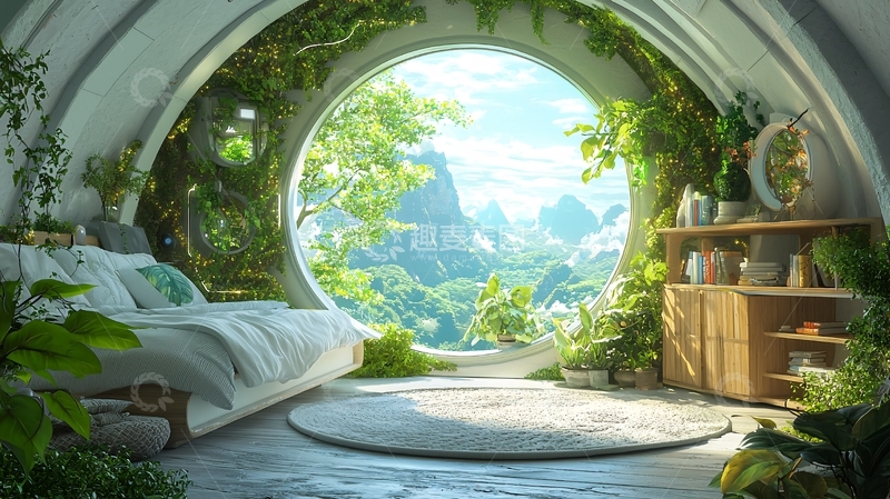 高清大图下载【趣麦麦图】圆形窗外的自然景观