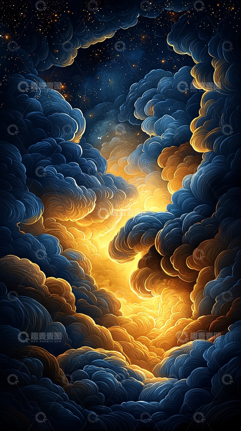 高清大图下载【趣麦麦图】金色光芒穿透蓝色云层