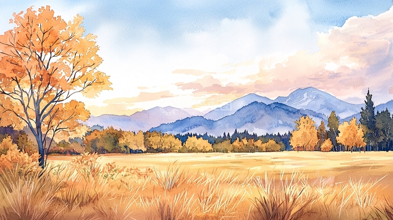 高清大图下载【趣麦麦图】秋日田野山脉水彩风景