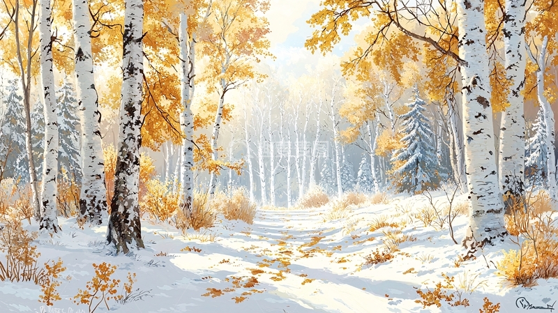 高清大图下载【趣麦麦图】雪地白桦林高清图片