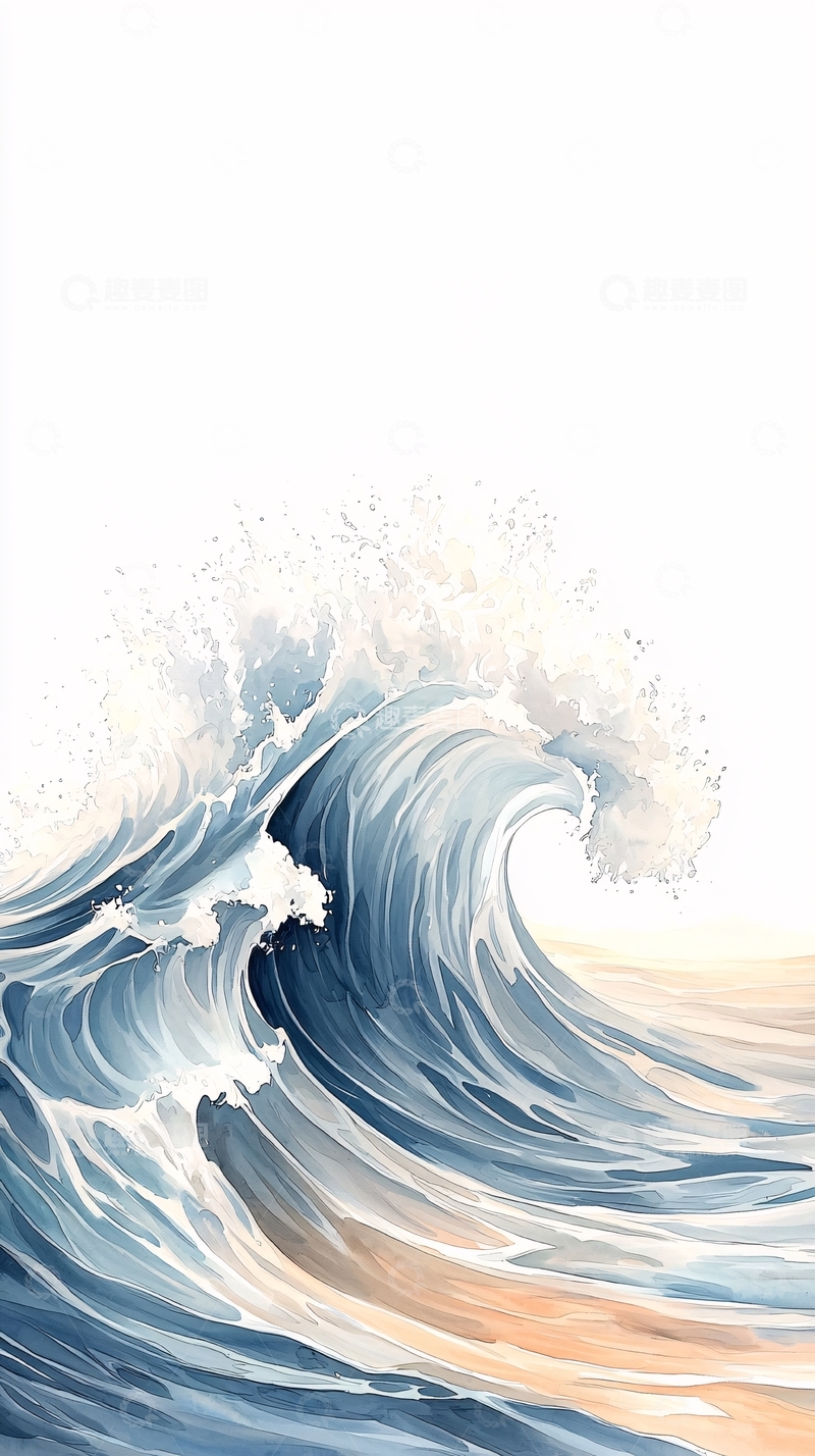 高清大图下载【趣麦麦图】水彩风格的海浪汹涌澎湃