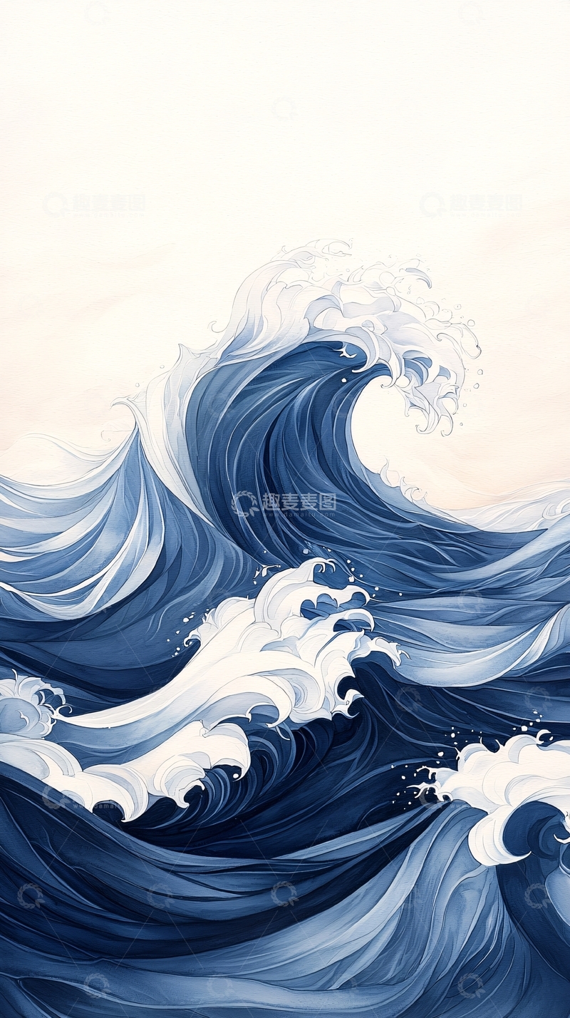 高清大图下载【趣麦麦图】蓝色海浪翻涌的艺术画作