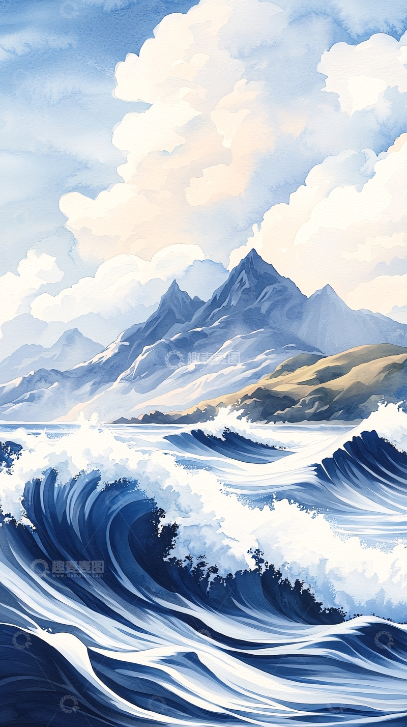 高清大图下载【趣麦麦图】蓝色海浪下的山脉