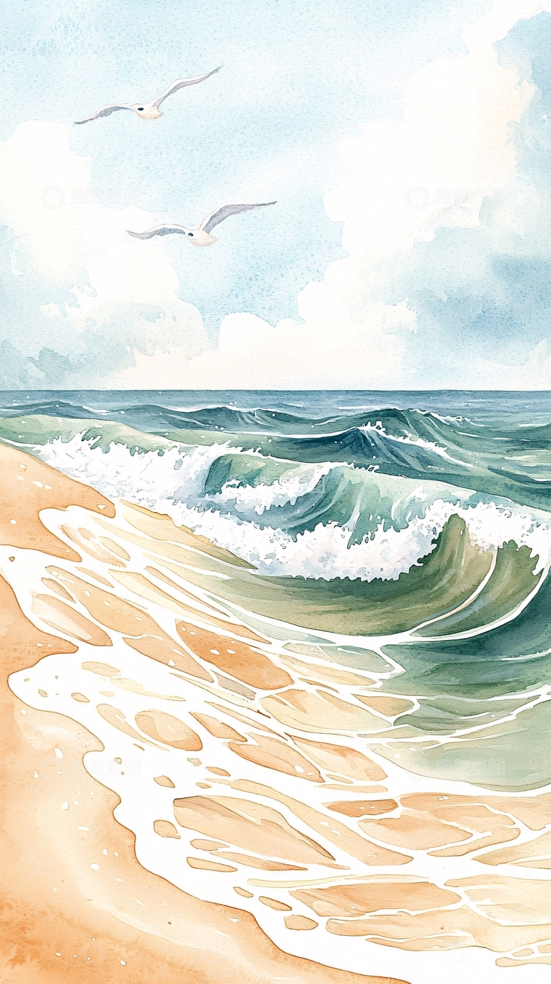 高清大图下载【趣麦麦图】海边水彩风景画