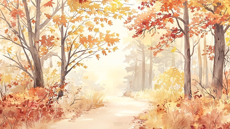 高清大图下载【趣麦麦图】秋日树林水彩画
