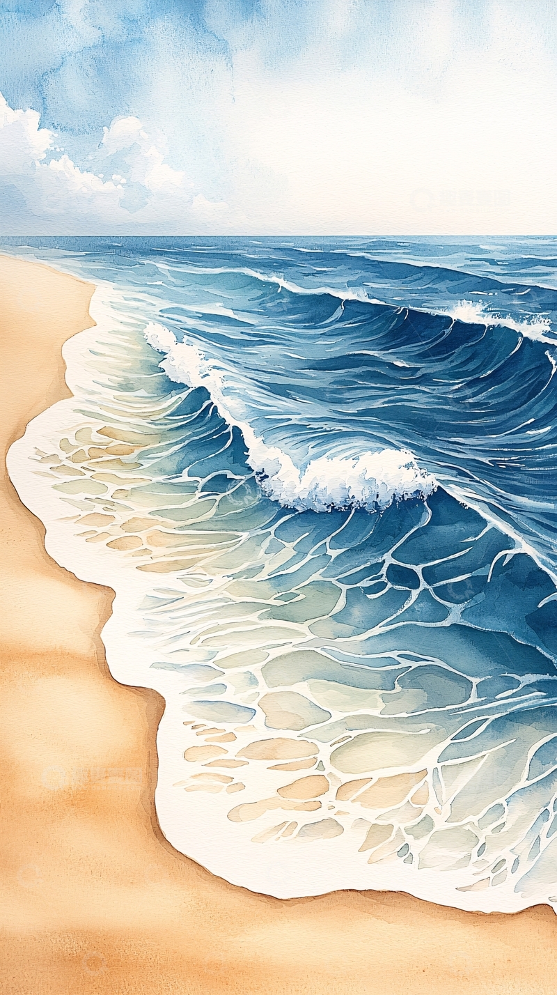高清大图下载【趣麦麦图】水彩海滩波浪阳光明媚