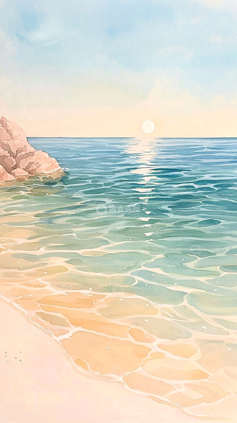 高清大图下载【趣麦麦图】水彩海滩日出