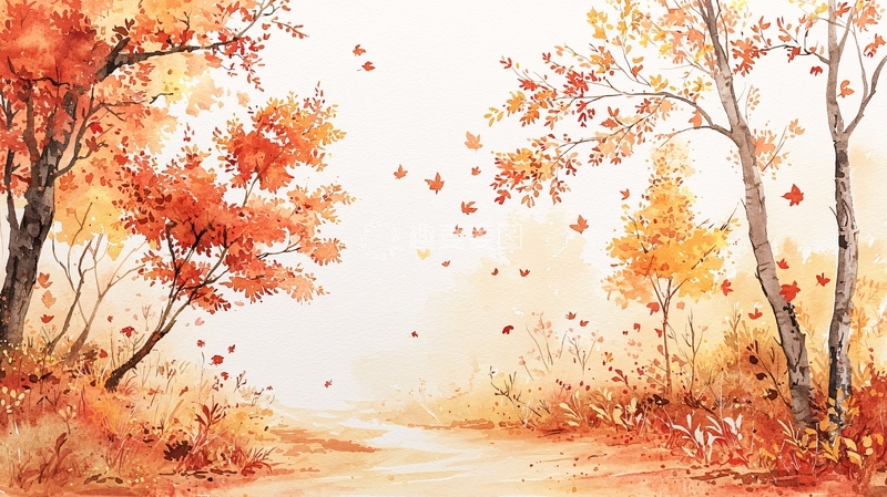 高清大图下载【趣麦麦图】秋日暖阳下的水彩树林