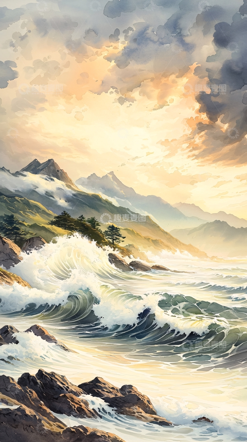 高清大图下载【趣麦麦图】海浪拍打海岸的山水画