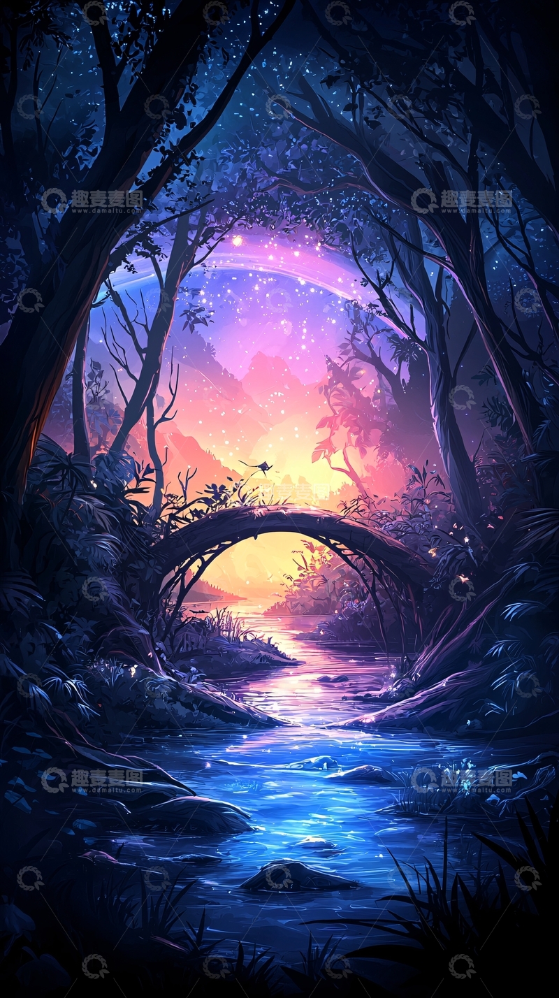高清大图下载【趣麦麦图】童话森林小桥流水晚霞