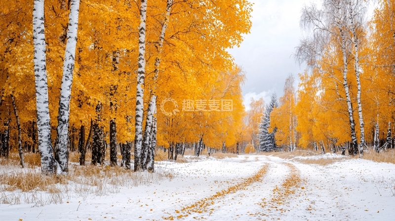 高清大图下载【趣麦麦图】雪地金秋白桦林