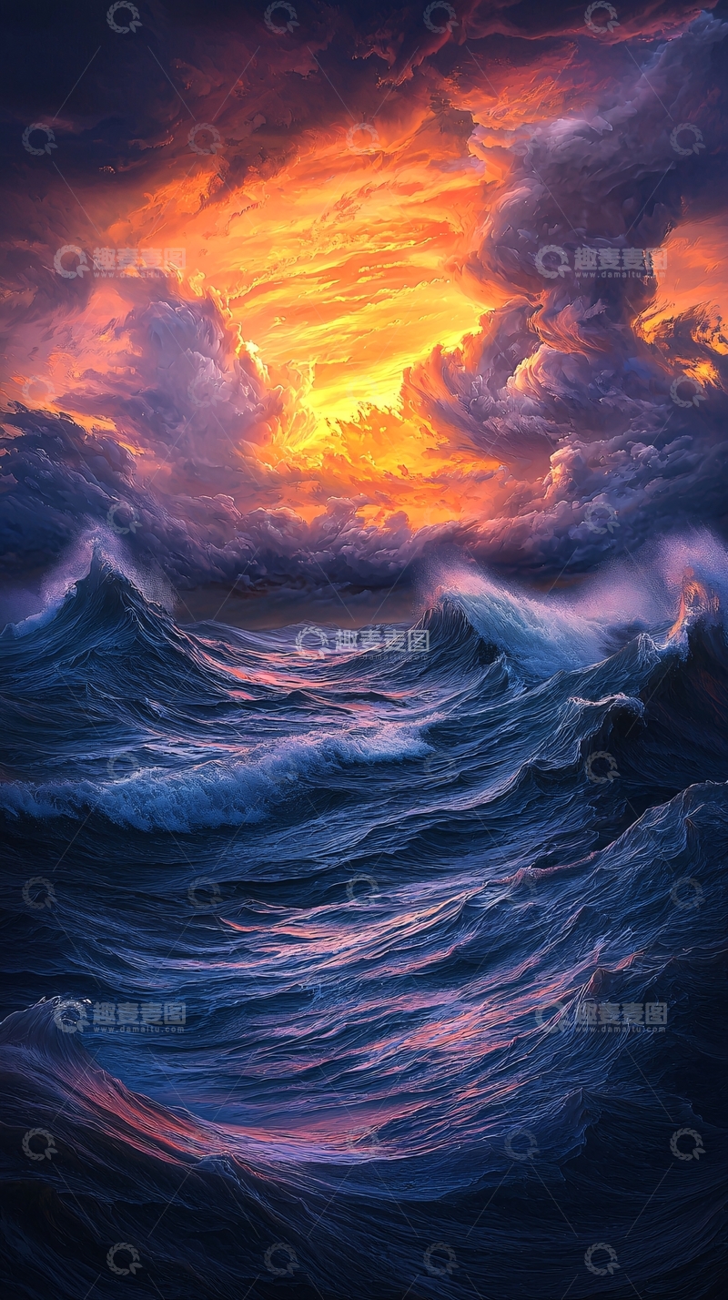 高清大图下载【趣麦麦图】波涛汹涌的海洋日落