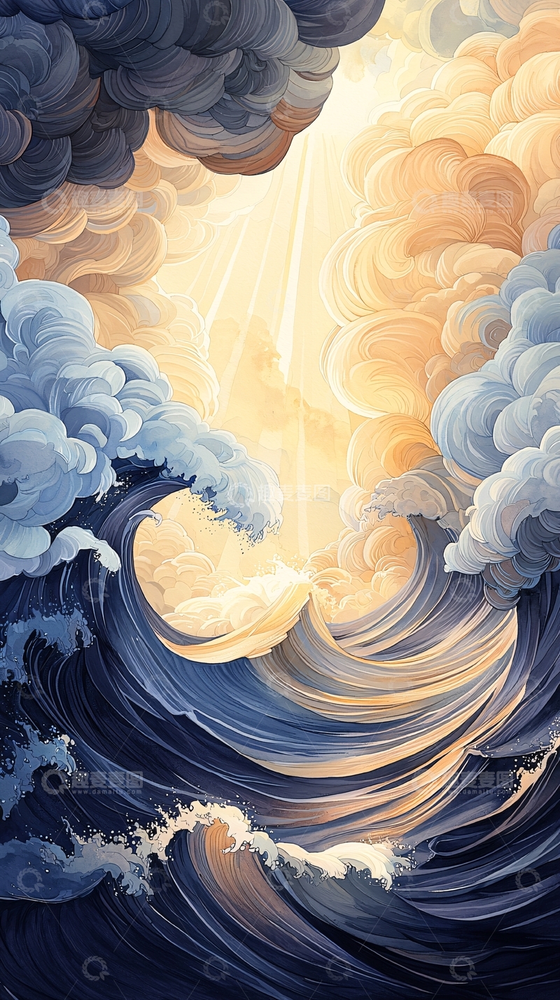 高清大图下载【趣麦麦图】汹涌波涛与光芒云彩