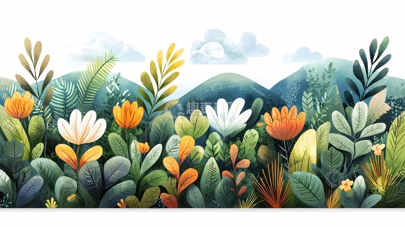 高清大图下载【趣麦麦图】水彩风格植物花卉山峦